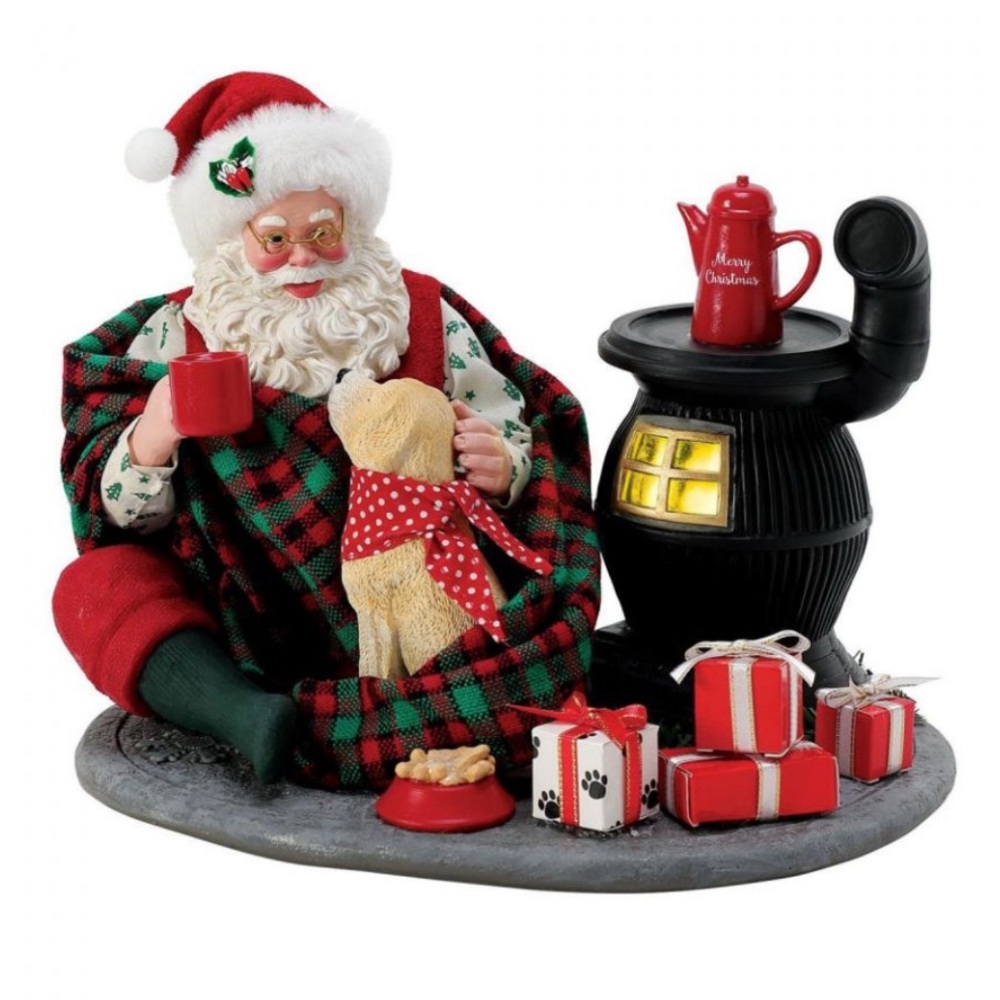 Possible Dreams Clothtique Santa and His Pets Taking the Chill Off Figurine